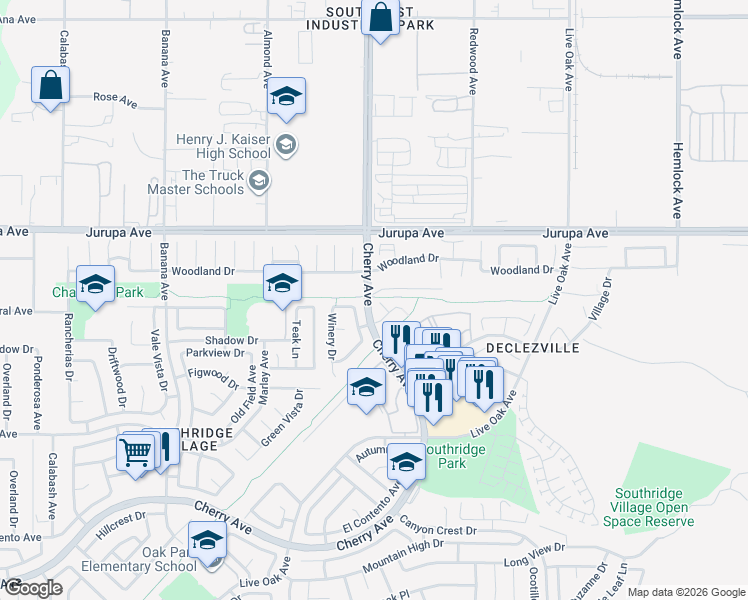 map of restaurants, bars, coffee shops, grocery stores, and more near 11440 Ridgewood Drive in Fontana