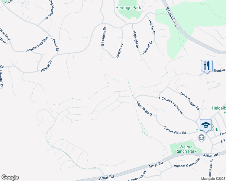 map of restaurants, bars, coffee shops, grocery stores, and more near 19809 Highland Terrace Drive in Walnut