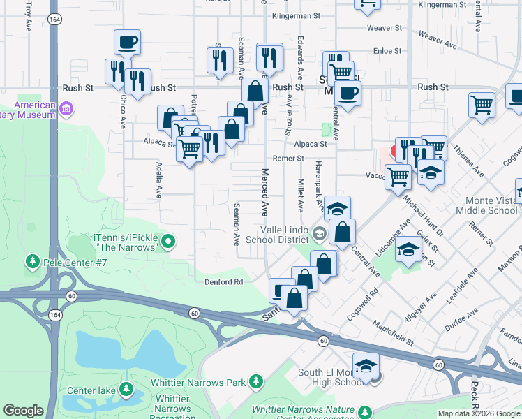 map of restaurants, bars, coffee shops, grocery stores, and more near 9941 Lawton Street in South El Monte