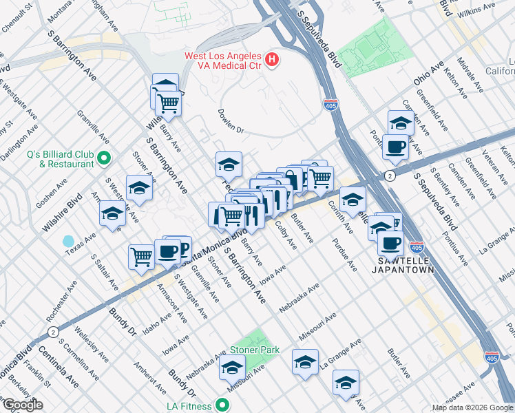 map of restaurants, bars, coffee shops, grocery stores, and more near in Los Angeles County