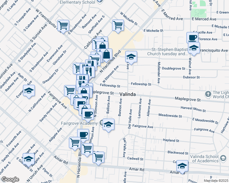 map of restaurants, bars, coffee shops, grocery stores, and more near 15621 Maplegrove Street in La Puente
