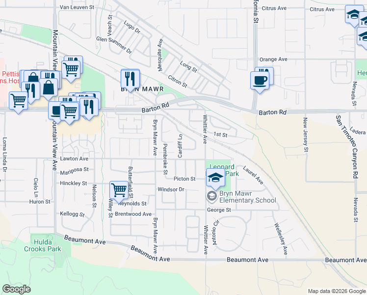 map of restaurants, bars, coffee shops, grocery stores, and more near 11455 Cardiff Lane in Loma Linda