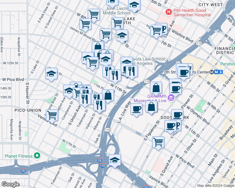 map of restaurants, bars, coffee shops, grocery stores, and more near 1337 West 11th Place in Los Angeles