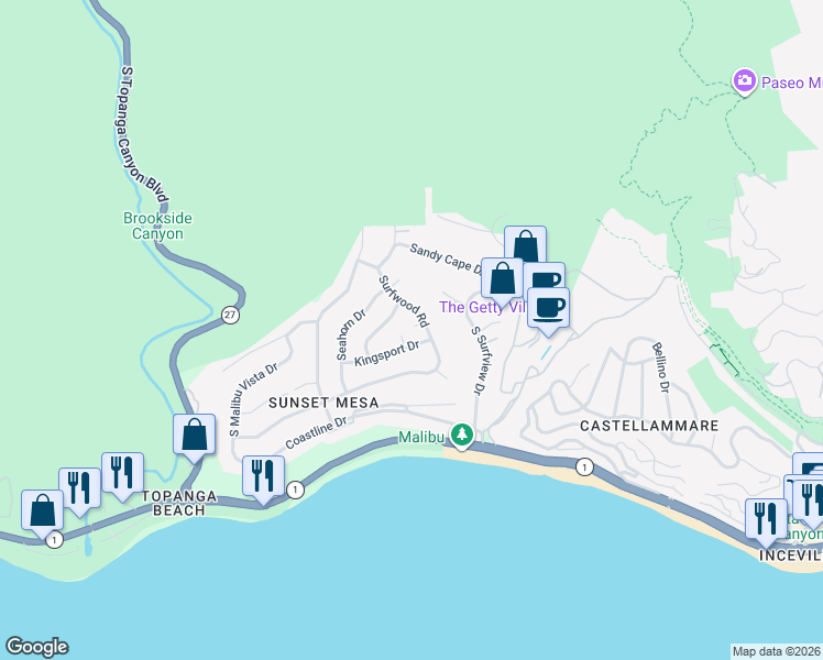 map of restaurants, bars, coffee shops, grocery stores, and more near 3709 Surfwood Road in Malibu