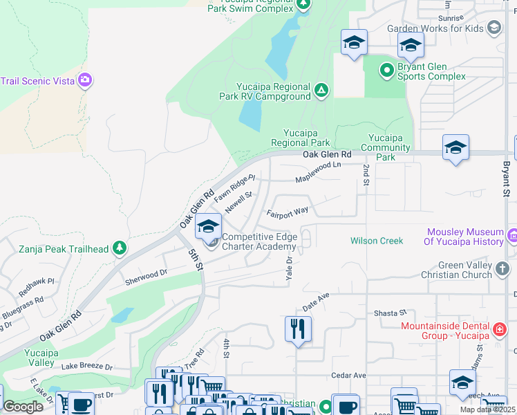 map of restaurants, bars, coffee shops, grocery stores, and more near 11453 Silverado Way in Yucaipa