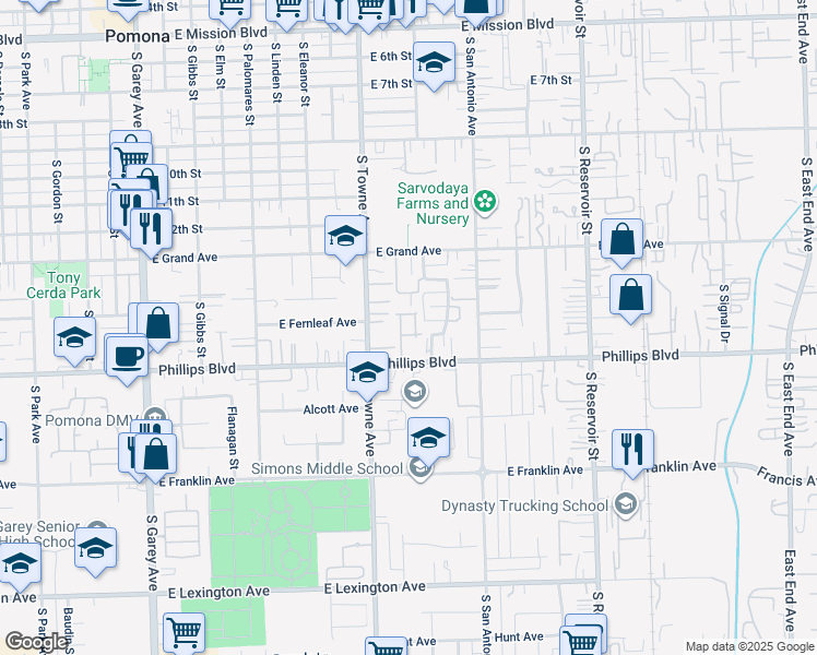 map of restaurants, bars, coffee shops, grocery stores, and more near 855 East Phillips Boulevard in Pomona