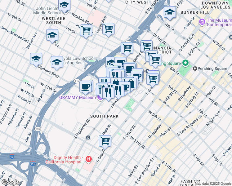 map of restaurants, bars, coffee shops, grocery stores, and more near 900 South Figueroa Street in Los Angeles