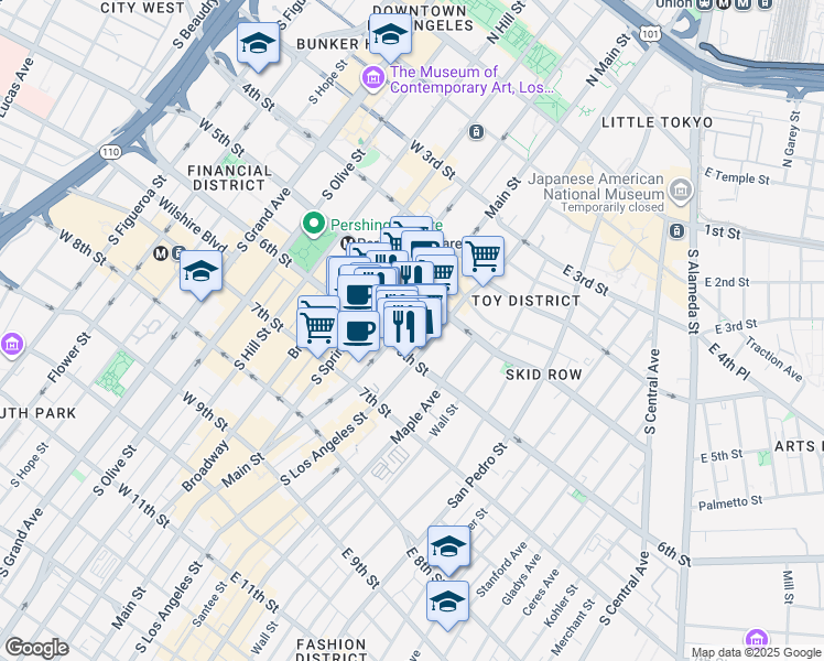map of restaurants, bars, coffee shops, grocery stores, and more near 556 South Main Street in Los Angeles
