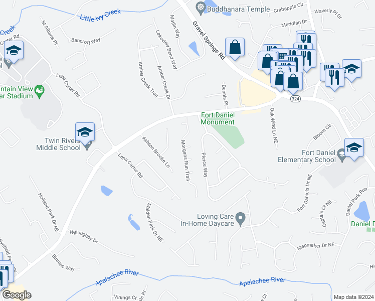 map of restaurants, bars, coffee shops, grocery stores, and more near 1985 Morgans Run Trail in Buford