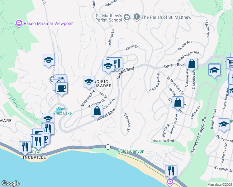 map of restaurants, bars, coffee shops, grocery stores, and more near 16727 West Sunset Boulevard in Los Angeles