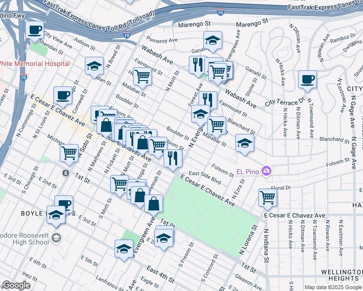 map of restaurants, bars, coffee shops, grocery stores, and more near 2825 Folsom Street in Los Angeles