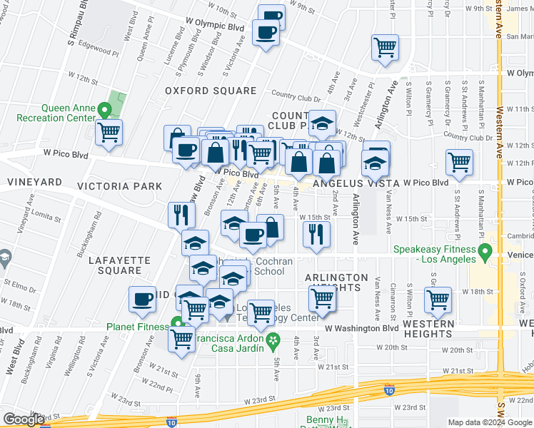 map of restaurants, bars, coffee shops, grocery stores, and more near 3511 West 15th Street in Los Angeles