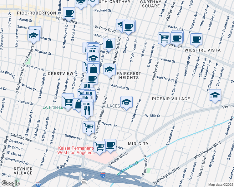map of restaurants, bars, coffee shops, grocery stores, and more near 1728 Stearns Drive in Los Angeles