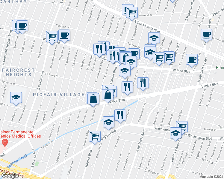 map of restaurants, bars, coffee shops, grocery stores, and more near 1552 Hauser Boulevard in Los Angeles