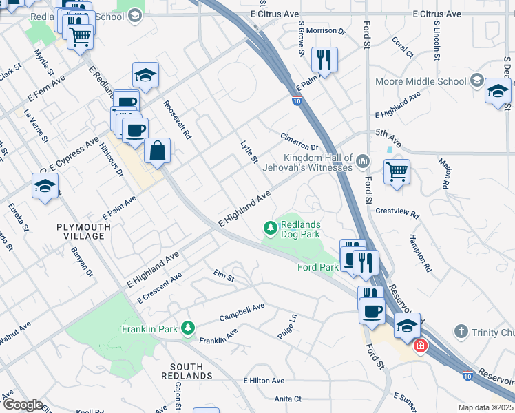 map of restaurants, bars, coffee shops, grocery stores, and more near 800 East Highland Avenue in Redlands
