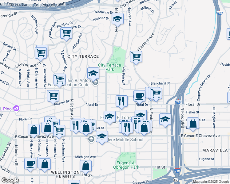 map of restaurants, bars, coffee shops, grocery stores, and more near 4037 Folsom Street in Los Angeles