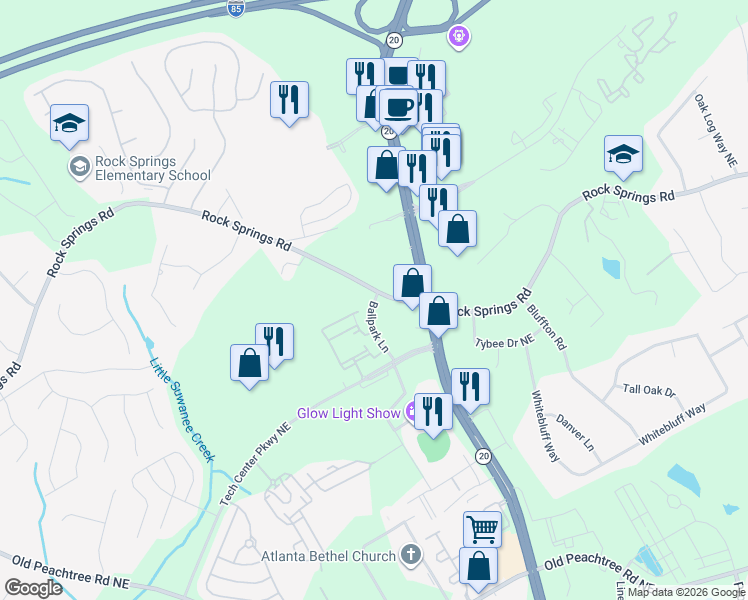 map of restaurants, bars, coffee shops, grocery stores, and more near 1160 Rock Springs Road in Lawrenceville