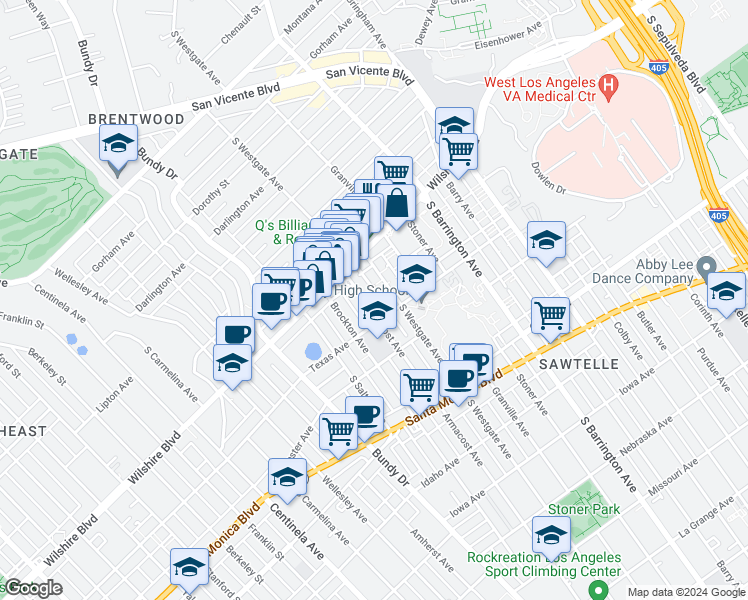 map of restaurants, bars, coffee shops, grocery stores, and more near 1246 Armacost Avenue in Los Angeles