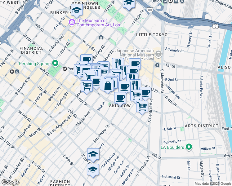map of restaurants, bars, coffee shops, grocery stores, and more near 311 Winston Street in Los Angeles