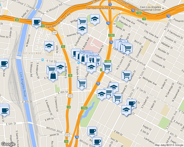 map of restaurants, bars, coffee shops, grocery stores, and more near 1917 East 2nd Street in Los Angeles