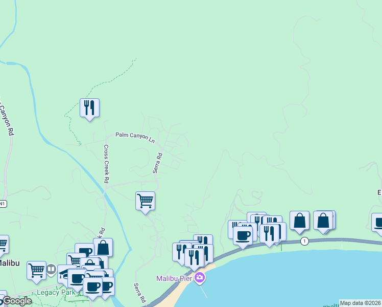 map of restaurants, bars, coffee shops, grocery stores, and more near 3268 Serra Road in Malibu