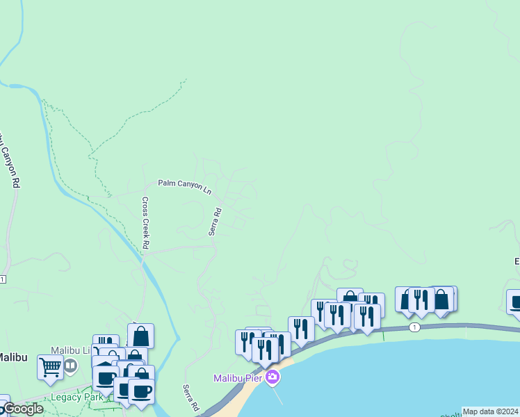 map of restaurants, bars, coffee shops, grocery stores, and more near 3268 Serra Road in Malibu