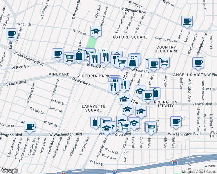 map of restaurants, bars, coffee shops, grocery stores, and more near 1513 South Victoria Avenue in Los Angeles