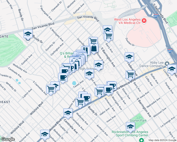 map of restaurants, bars, coffee shops, grocery stores, and more near 1246 Armacost Avenue in Los Angeles