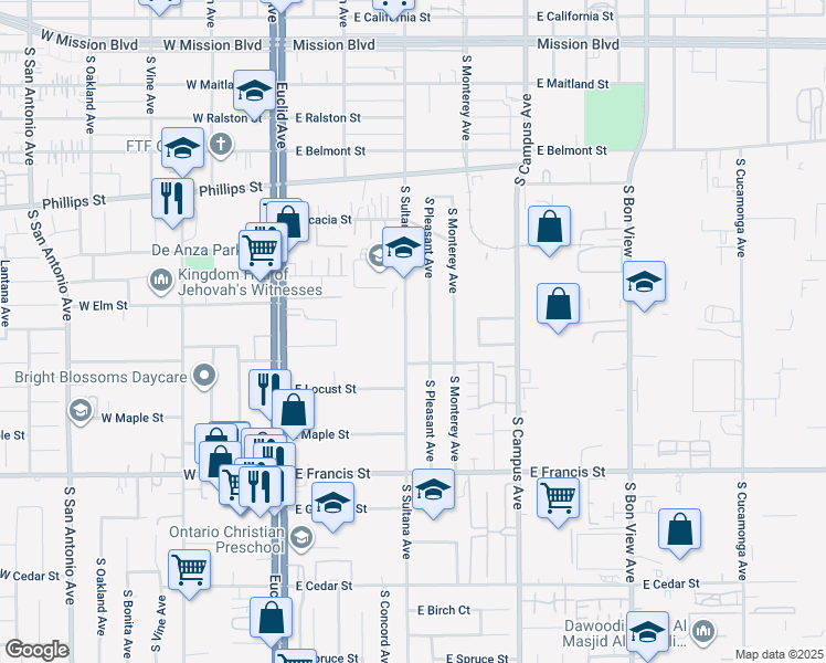 map of restaurants, bars, coffee shops, grocery stores, and more near 1533 South Sultana Avenue in Ontario