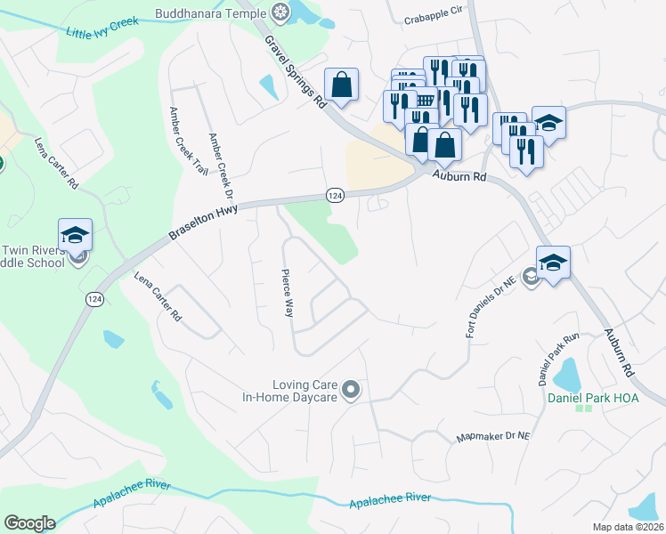 map of restaurants, bars, coffee shops, grocery stores, and more near 1857 Pierce Way Northeast in Buford