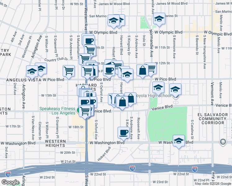 map of restaurants, bars, coffee shops, grocery stores, and more near 1424 South Hobart Boulevard in Los Angeles