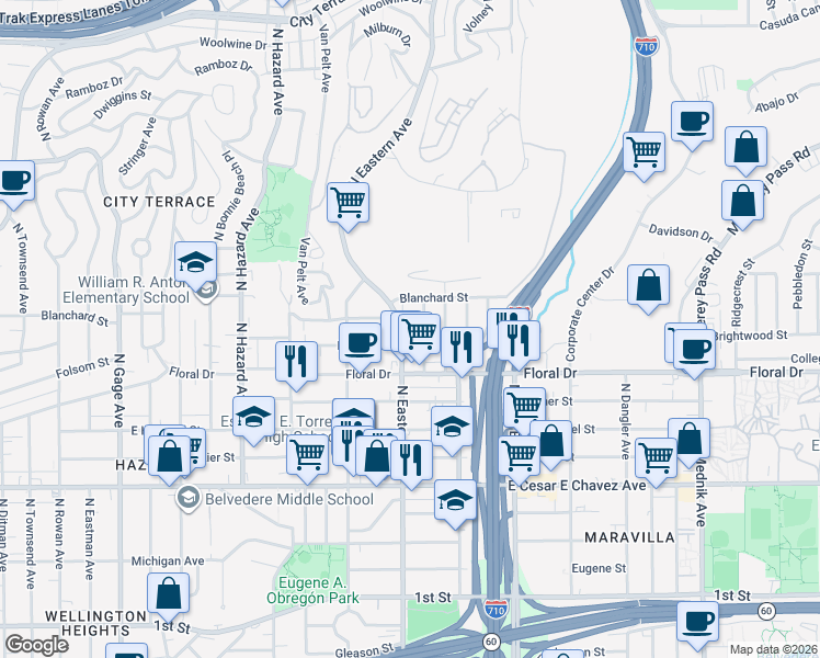 map of restaurants, bars, coffee shops, grocery stores, and more near 814 North Eastern Avenue in East Los Angeles