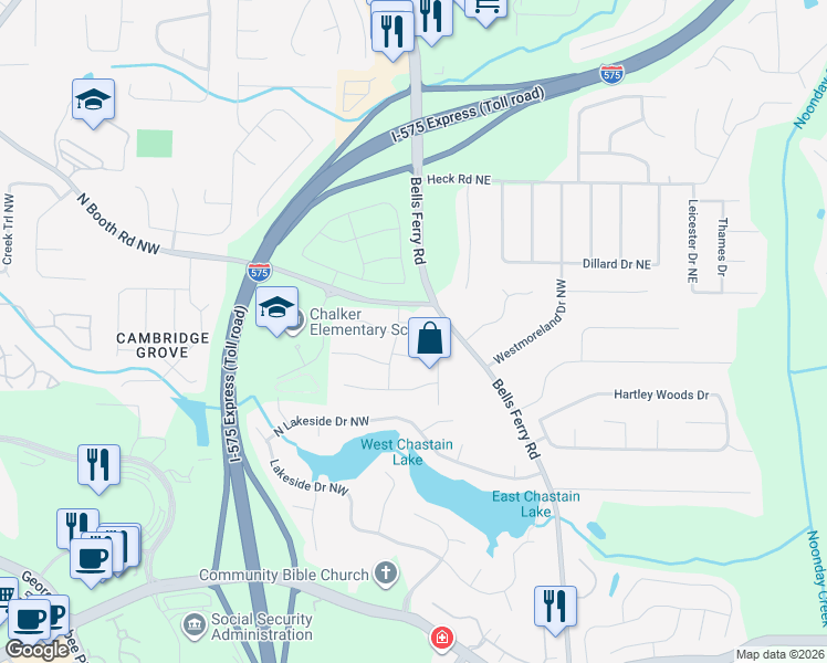 map of restaurants, bars, coffee shops, grocery stores, and more near 3767 West Station Drive Northwest in Kennesaw