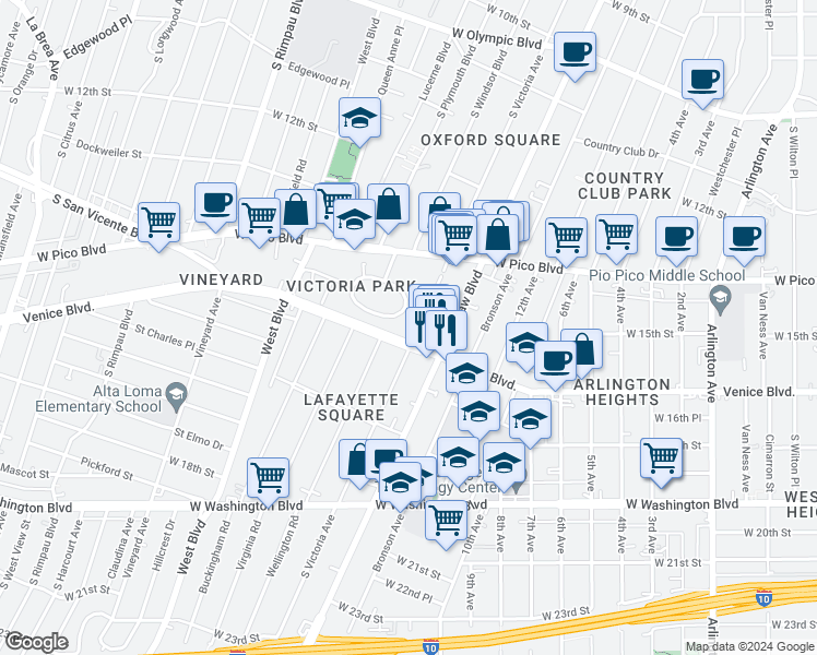 map of restaurants, bars, coffee shops, grocery stores, and more near 1513 South Victoria Avenue in Los Angeles