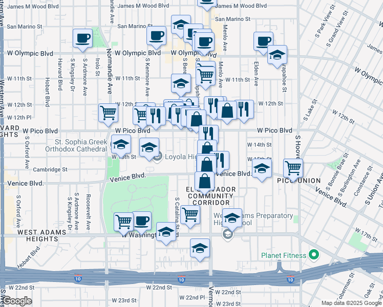 map of restaurants, bars, coffee shops, grocery stores, and more near 1424 South Berendo Street in Los Angeles