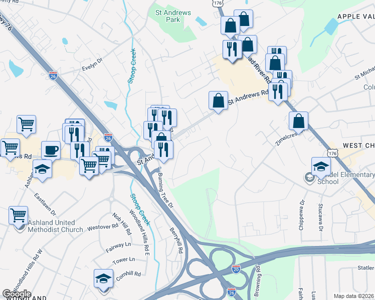 map of restaurants, bars, coffee shops, grocery stores, and more near 200 Chartwell Road in Columbia