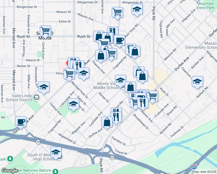 map of restaurants, bars, coffee shops, grocery stores, and more near 1735 Penn Mar Avenue in South El Monte