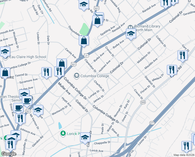 map of restaurants, bars, coffee shops, grocery stores, and more near 4908 Colonial Drive in Columbia