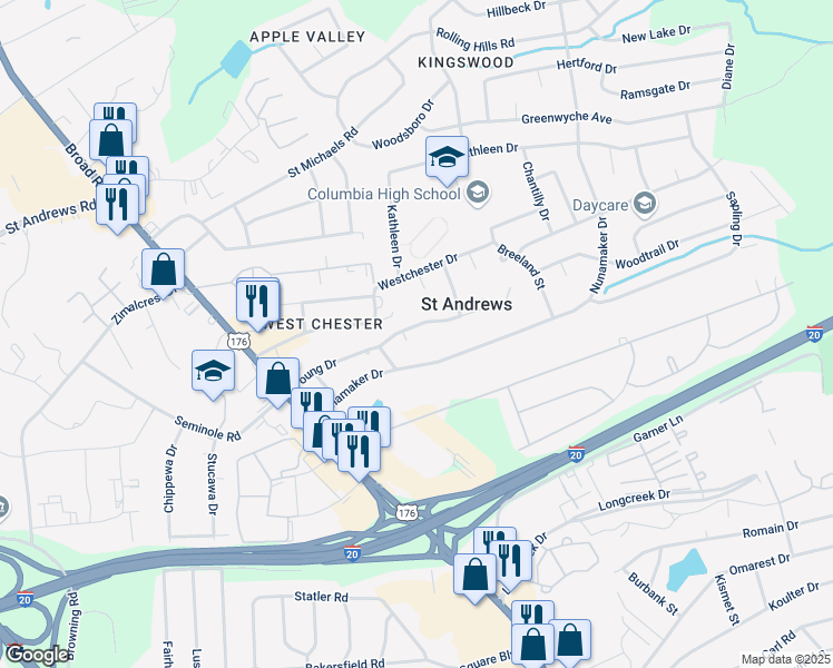 map of restaurants, bars, coffee shops, grocery stores, and more near 112 Saint Andrews Place Drive in Columbia