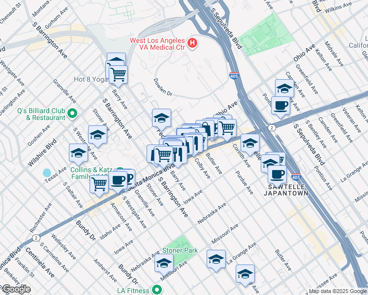map of restaurants, bars, coffee shops, grocery stores, and more near 1515 Colby Avenue in Los Angeles