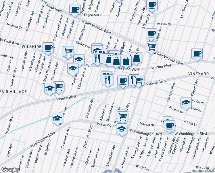 map of restaurants, bars, coffee shops, grocery stores, and more near 5085 Venice Boulevard in Los Angeles