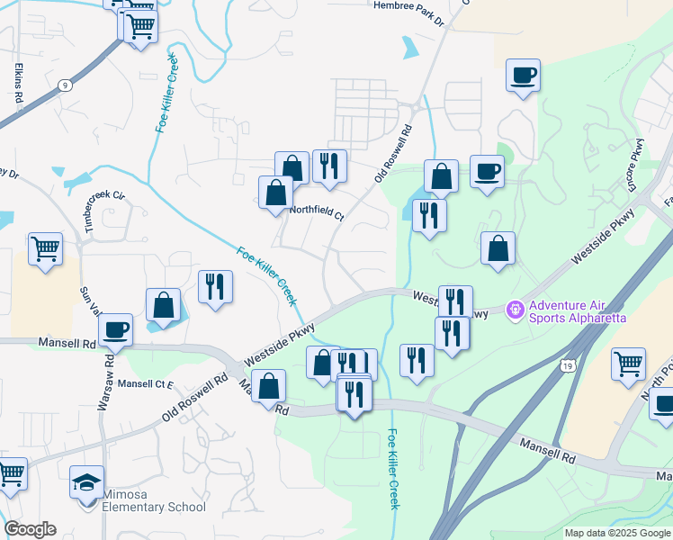 map of restaurants, bars, coffee shops, grocery stores, and more near 1320 North Hampton Road in Alpharetta