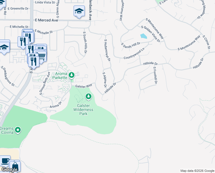 map of restaurants, bars, coffee shops, grocery stores, and more near 1555 South Alpine Drive in West Covina