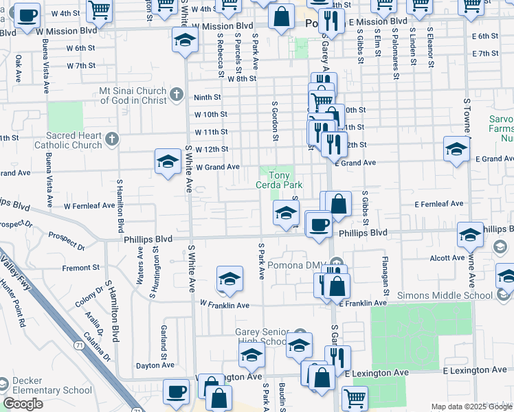 map of restaurants, bars, coffee shops, grocery stores, and more near 1415 South Park Avenue in Pomona