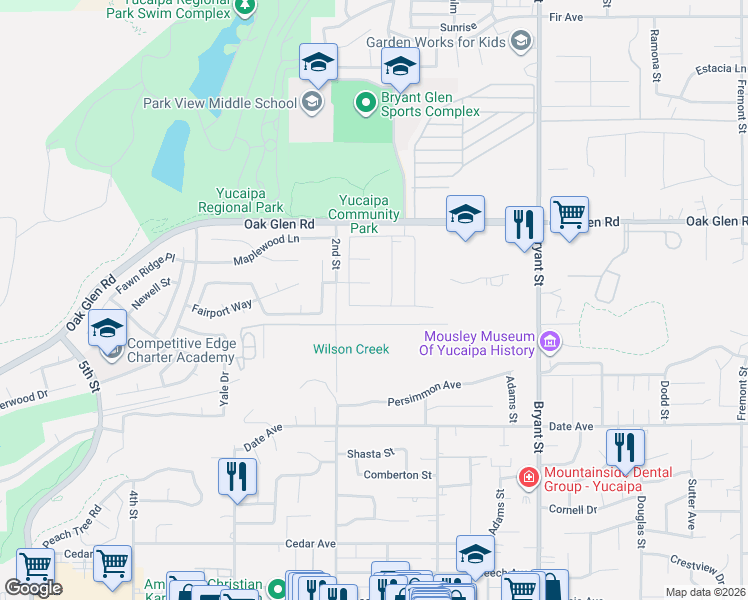 map of restaurants, bars, coffee shops, grocery stores, and more near 34942 South Serrano Square in Yucaipa