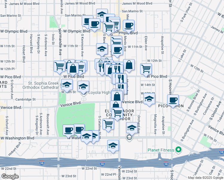map of restaurants, bars, coffee shops, grocery stores, and more near 1424 South Berendo Street in Los Angeles