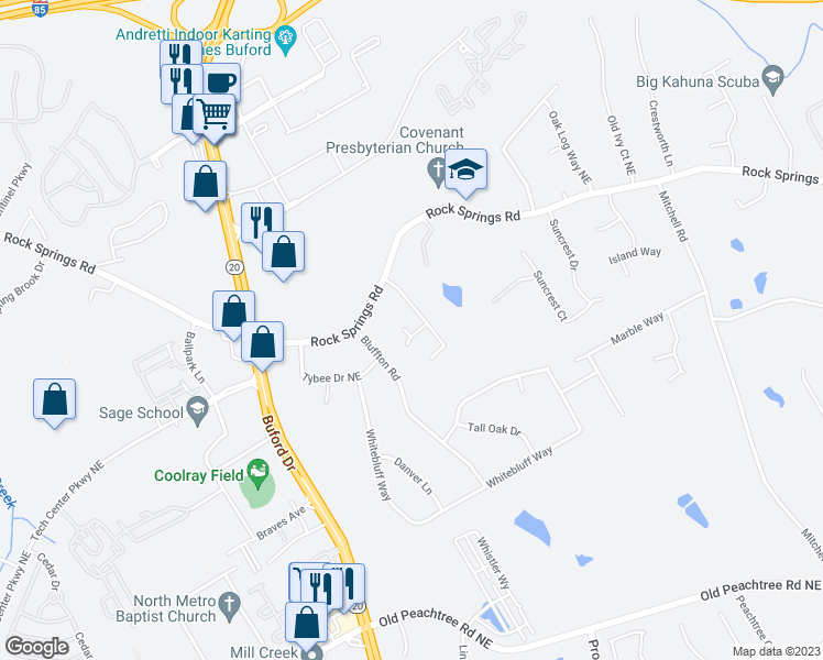map of restaurants, bars, coffee shops, grocery stores, and more near 2605 Fresian Court Northeast in Buford
