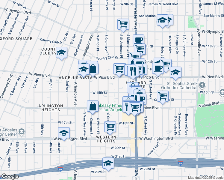 map of restaurants, bars, coffee shops, grocery stores, and more near 1414 South Gramercy Place in Los Angeles