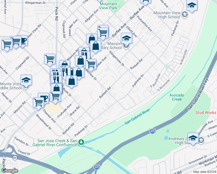 map of restaurants, bars, coffee shops, grocery stores, and more near 2211 Burkett Road in El Monte