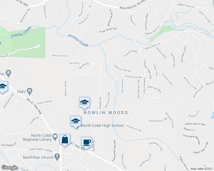map of restaurants, bars, coffee shops, grocery stores, and more near 3110 Kirkwood Drive Northwest in Kennesaw